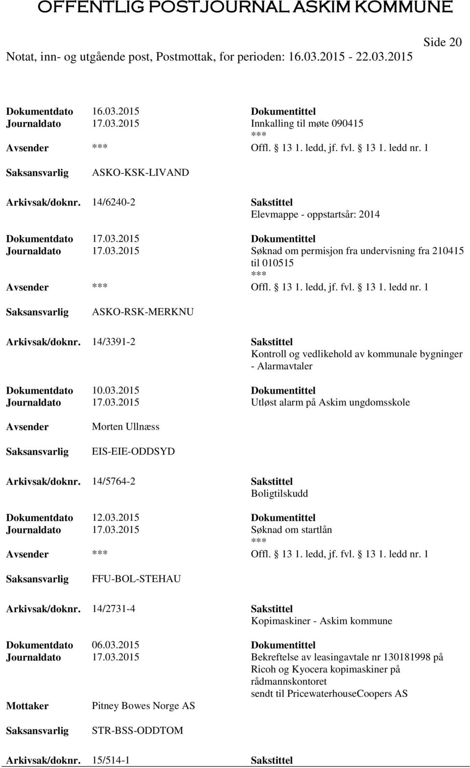 13 1. ledd nr. 1 ASKO-RSK-MERKNU Arkivsak/doknr. 14/3391-2 Sakstittel Kontroll og vedlikehold av kommunale bygninger - Alarmavtaler Dokumentdato 10.03.