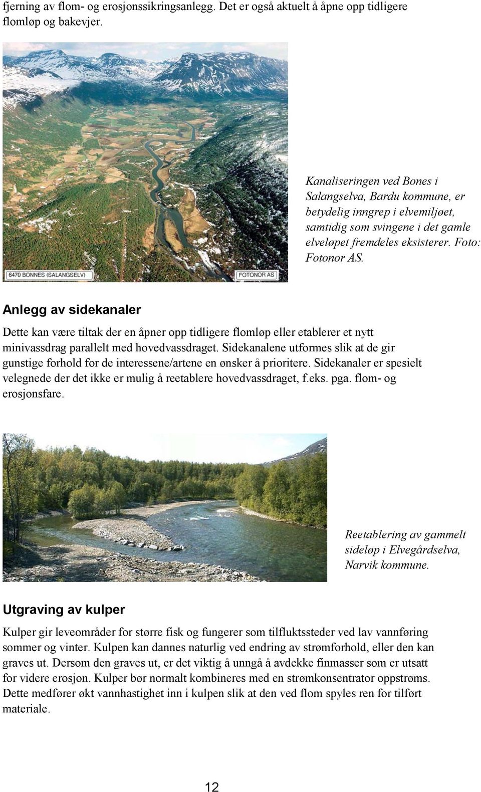 Anlegg av sidekanaler Dette kan være tiltak der en åpner opp tidligere flomløp eller etablerer et nytt minivassdrag parallelt med hovedvassdraget.