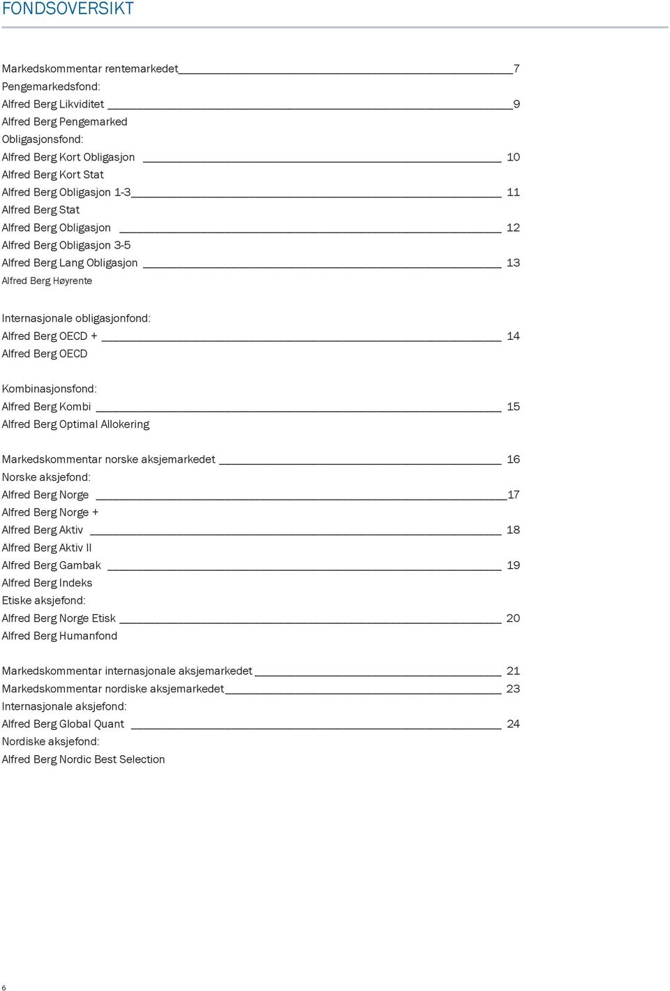 Berg OECD Kombinasjonsfond: Alfred Berg Kombi 15 Alfred Berg Optimal Allokering Markedskommentar norske aksjemarkedet 16 Norske aksjefond: Alfred Berg Norge 17 Alfred Berg Norge + Alfred Berg Aktiv