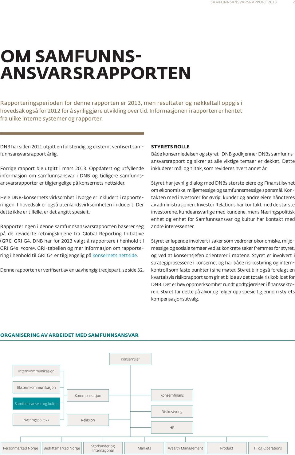 Forrige rapport ble utgitt i mars 2013. Oppdatert og utfyllende informasjon om samfunnsansvar i DNB og tidligere samfunnsansvars rapporter er tilgjengelige på konsernets nettsider.