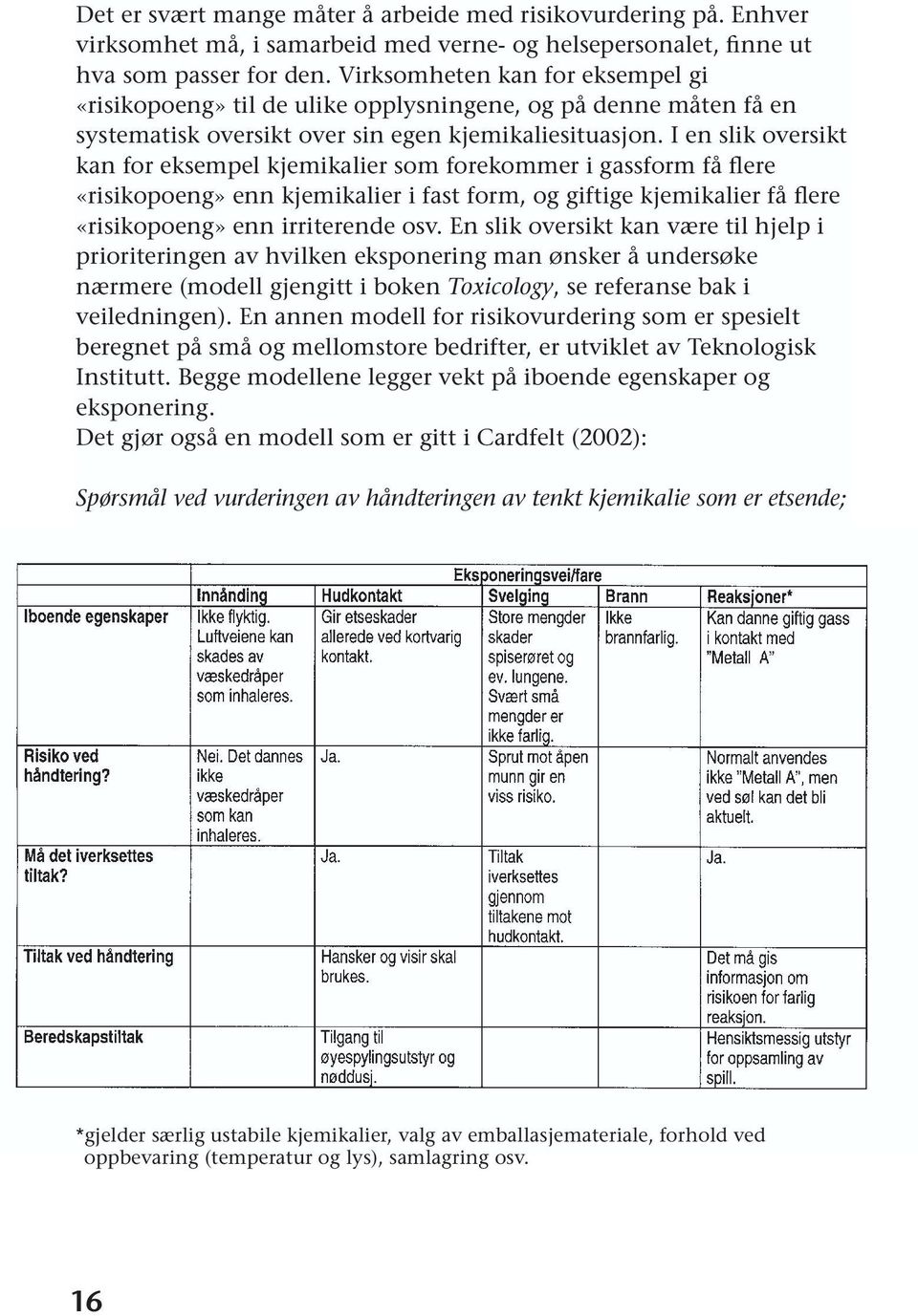 I en slik oversikt kan for eksempel kjemikalier som forekommer i gassform få flere «risikopoeng» enn kjemikalier i fast form, og giftige kjemikalier få flere «risikopoeng» enn irriterende osv.