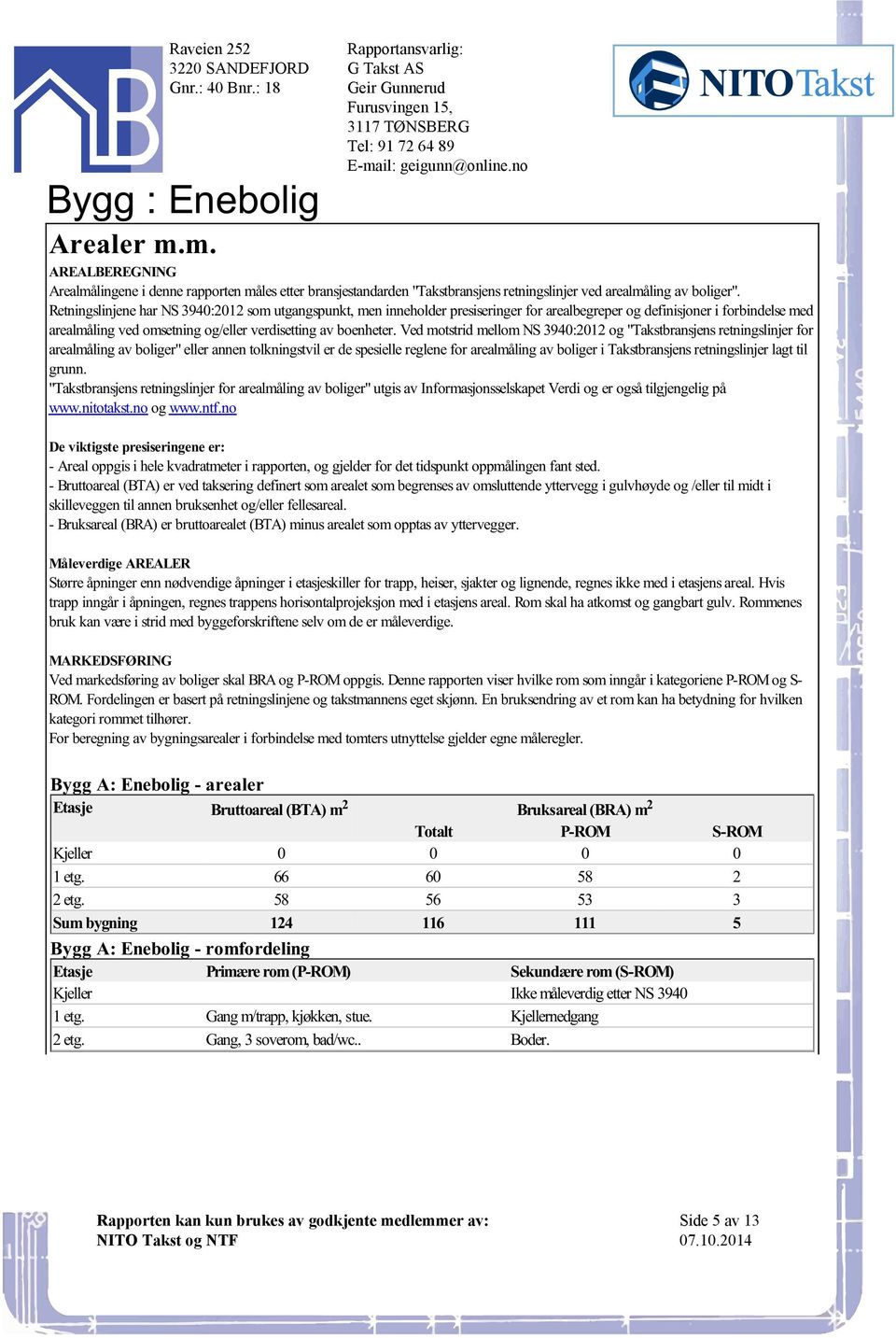 presiseringer for arealbegreper og definisjoner i forbindelse med arealmåling ved omsetning og/eller verdisetting av boenheter Ved motstrid mellom NS 3940:2012 og "Takstbransjens retningslinjer for