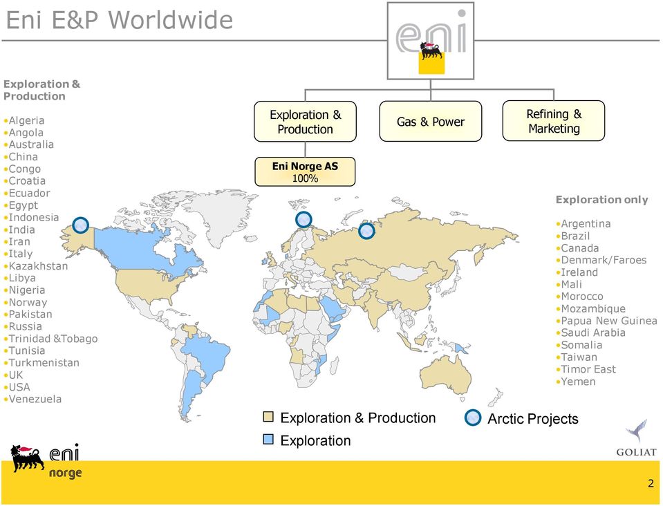 Production Eni Norge AS 100% Exploration Gas & Power Exploration & Production Refining & Marketing Arctic Projects Exploration