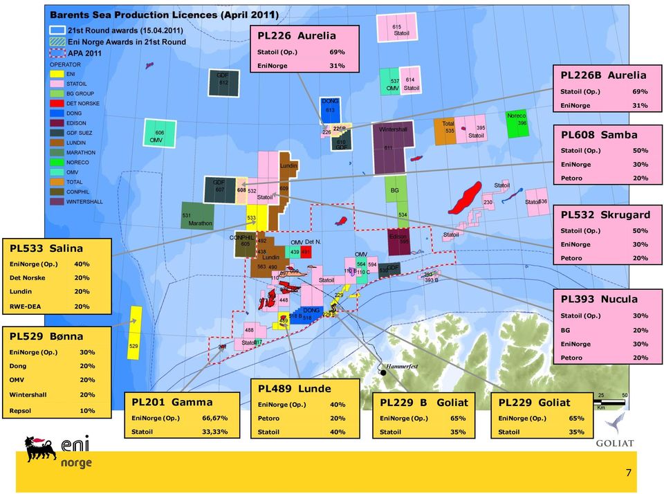 ) 50% EniNorge 30% Petoro 20% Det Norske 20% Statoil Lundin 20% RWE-DEA 20% DONG PL393 Nucula Statoil (Op.) 30% PL529 Bønna EniNorge (Op.