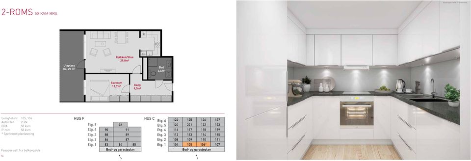 2 stk BRA 58 kvm P-rom 58 kvm * Speilvendt planløsning Fasader sett fra balkongside 124