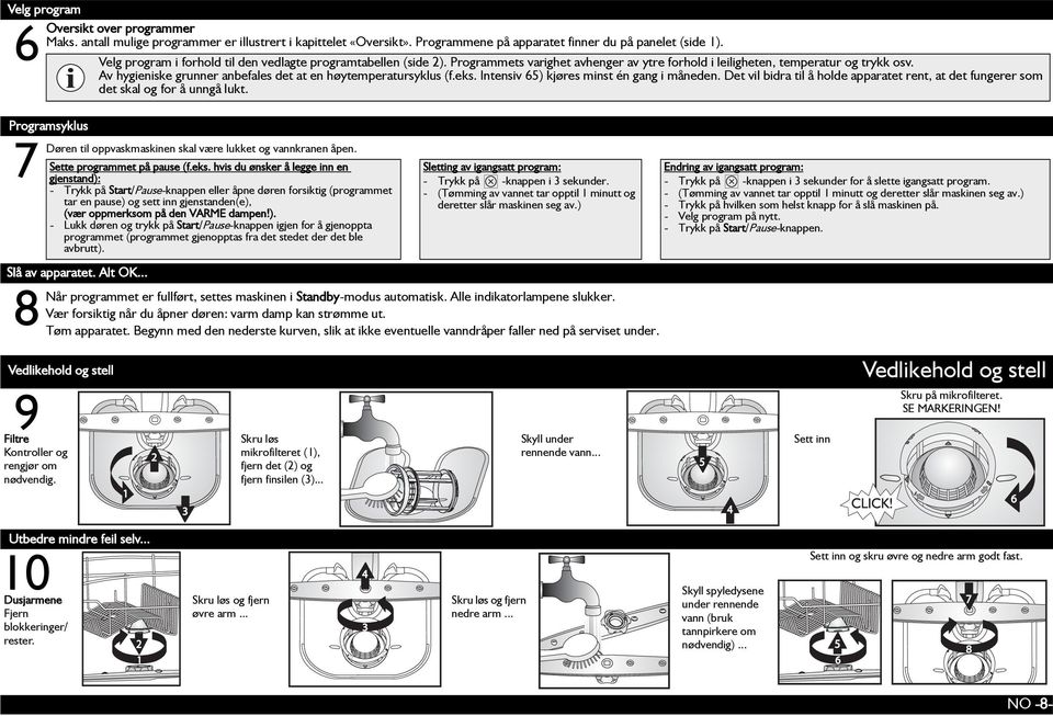 Programmets varighet avhenger av ytre forhold i leiligheten, temperatur og trykk osv. Av hygieniske grunner anbefales det at en høytemperatursyklus (f.eks. Intensiv 65) kjøres minst én gang i måneden.