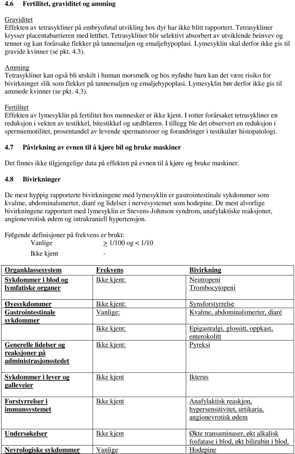 Amming Tetrasykliner kan også bli utskilt i human morsmelk og hos nyfødte barn kan det være risiko for bivirkninger slik som flekker på tannemaljen og emaljehypoplasi.