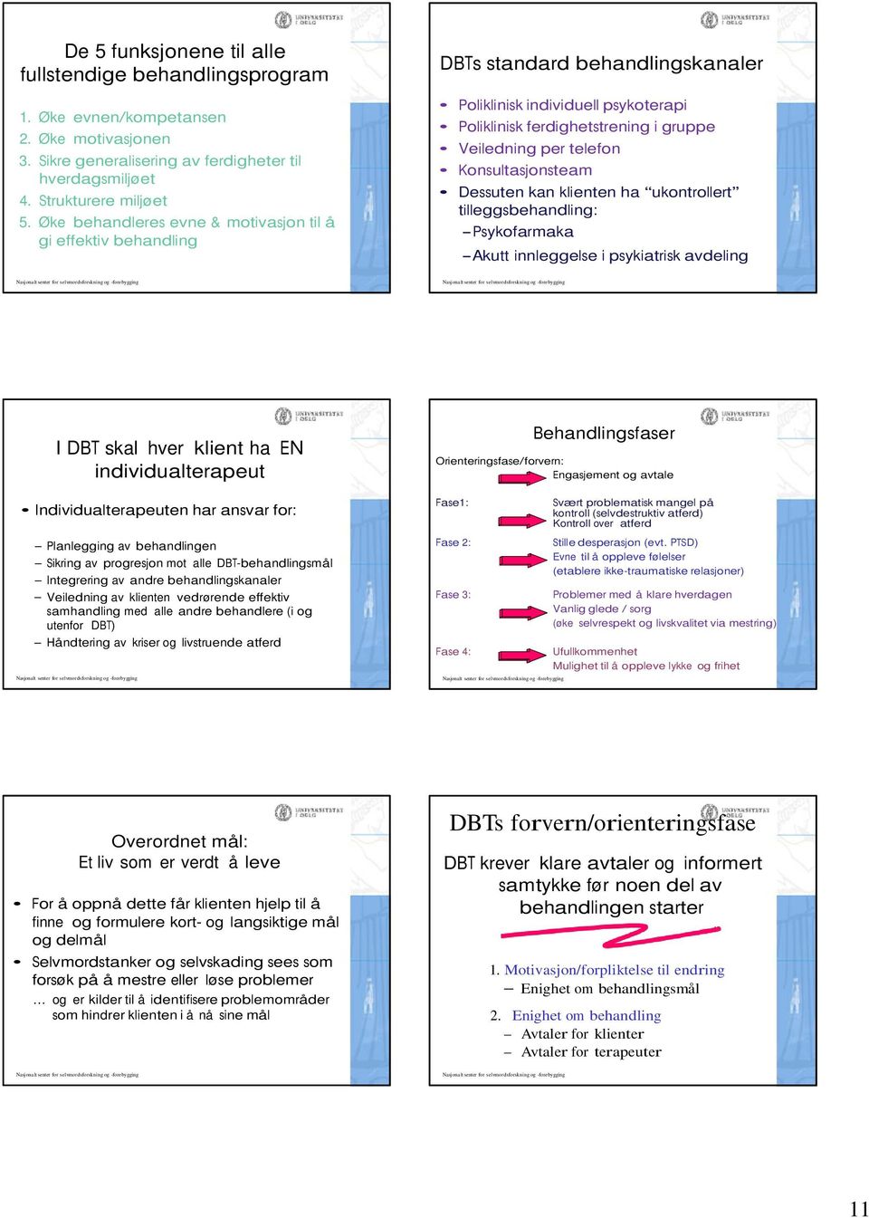 Konsultasjonsteam Dessuten kan klienten ha ukontrollert tilleggsbehandling: Psykofarmaka Akutt innleggelse i psykiatrisk avdeling I DBT skal hver klient ha EN individualterapeut Individualterapeuten