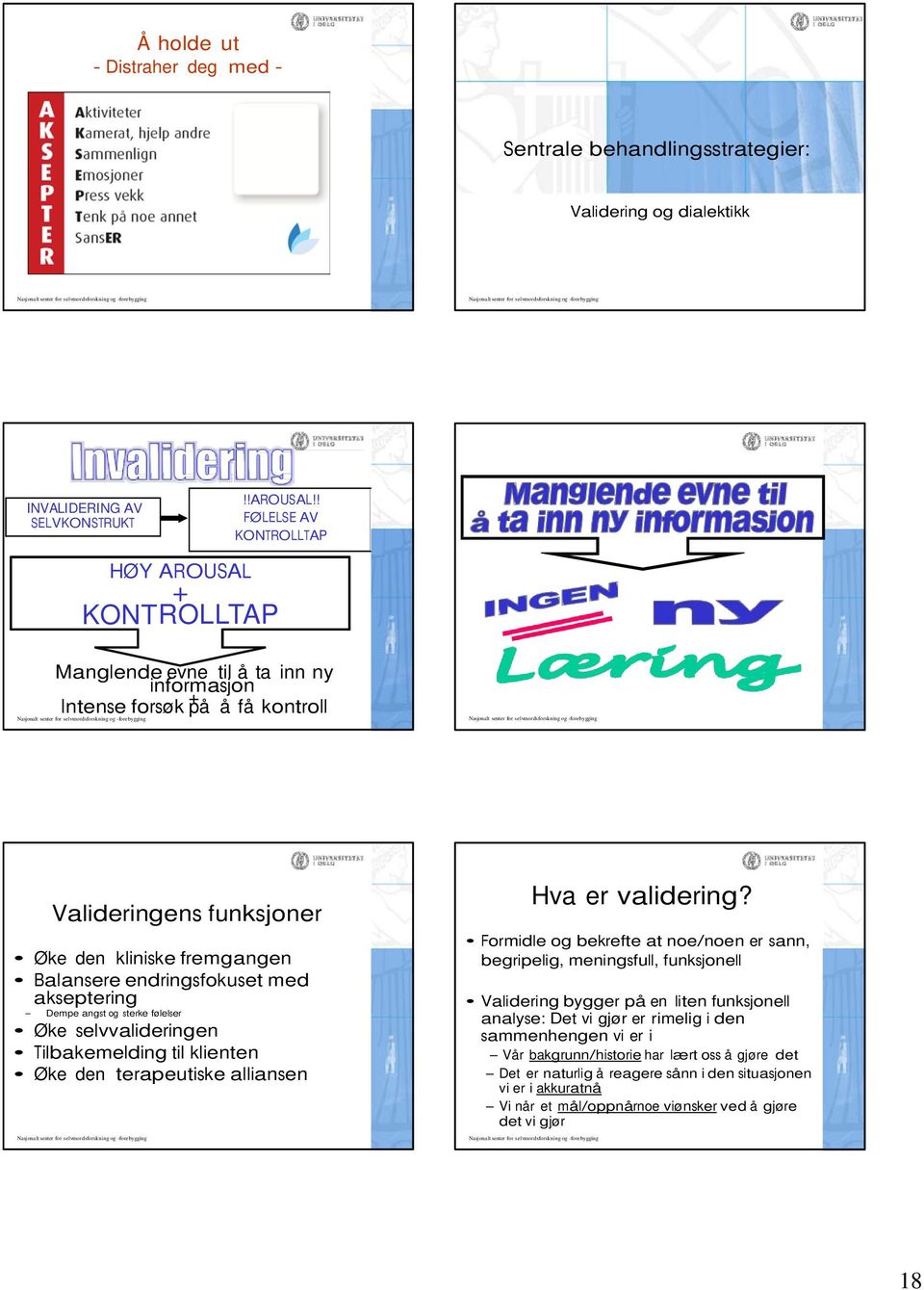 endringsfokuset med akseptering Dempe angst og sterke følelser Øke selvvalideringen Tilbakemelding til klienten Øke den terapeutiske alliansen Hva er validering?