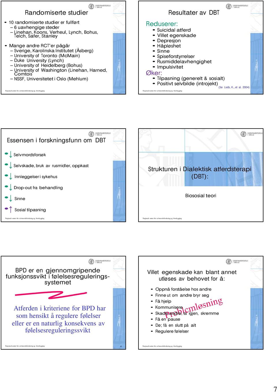 DBT Reduserer: Suicidal atferd Villet egenskade Depresjon Håpløshet Sinne Spiseforstyrrelser Rusmiddelavhengighet Impulsivitet Øker: Tilpasning (generelt & sosialt) Positivt selvbilde (introjekt) (Se