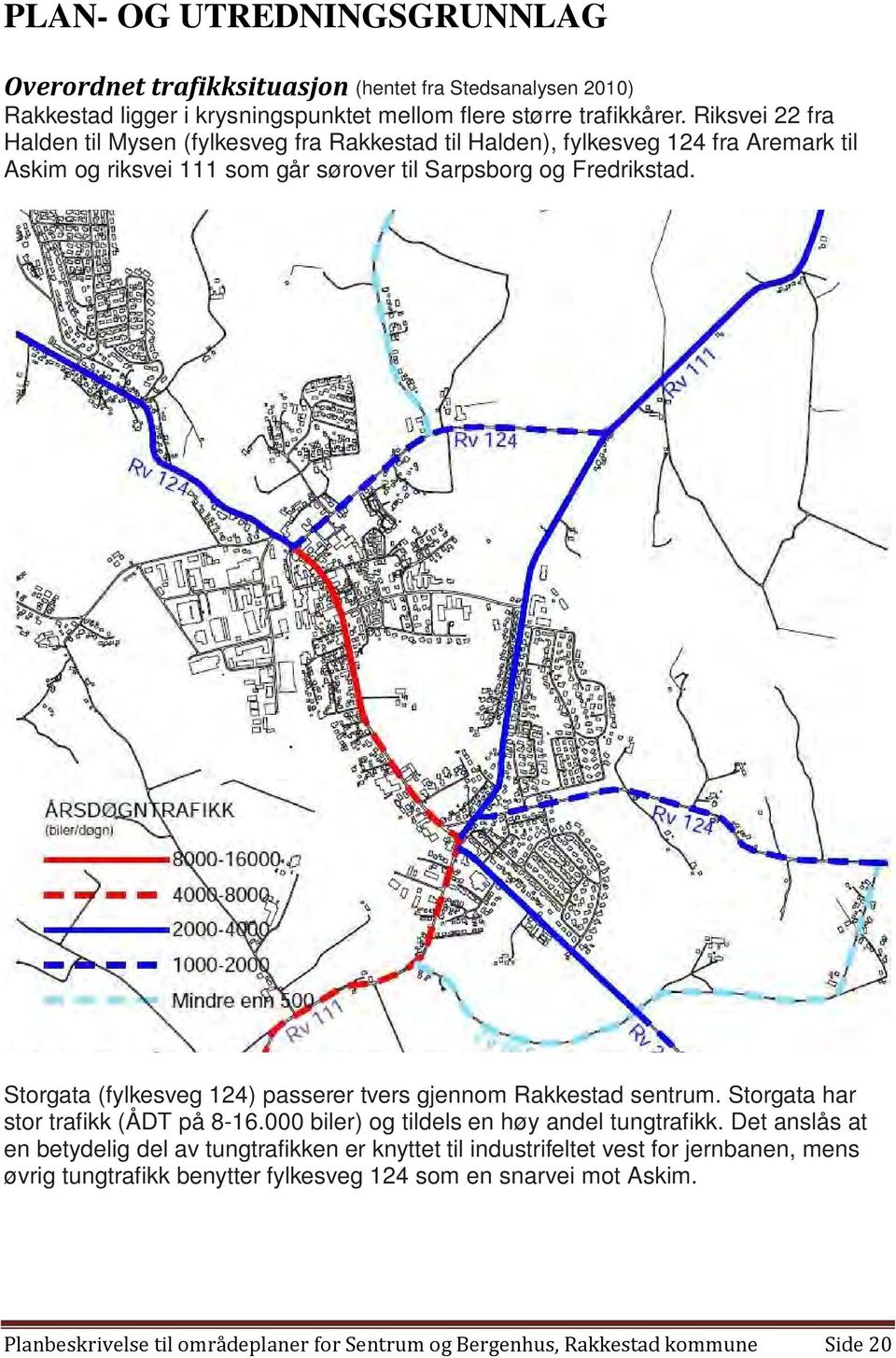 Storgata (fylkesveg 124) passerer tvers gjennom Rakkestad sentrum. Storgata har stor trafikk (ÅDT på 8-16.000 biler) og tildels en høy andel tungtrafikk.