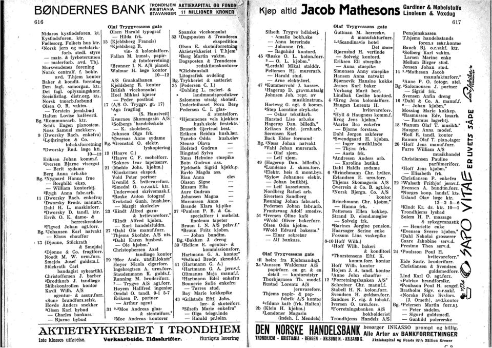 forbund Olsen O. R. vaktm. Torstein jernb.bud Halten Lovise kaféverti. Bg. ikommunearb. ktr. Schik Eugen pianostem. Næss Samuel snekkerv. 9 (Dworsky Rach. enkefru) ilpthrington & Co.