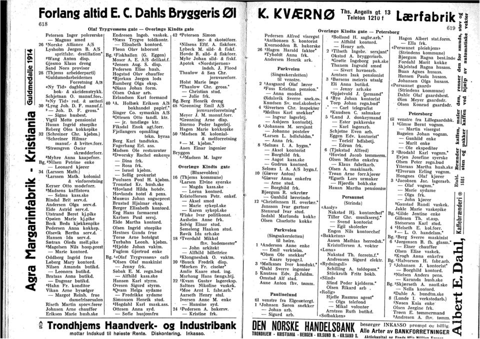 manuf.fori. 2 «Ny Tid» red. & sætteri 30 J Lyng Joh. D. F. manuf.f. 2 Joh. D. F. gross.* Signe husbest.. Vigtil Mette pensionist Husan Ingrid stuepike Reberg Olea kokkepike 32 (Schreiner Chr. kjøbm.