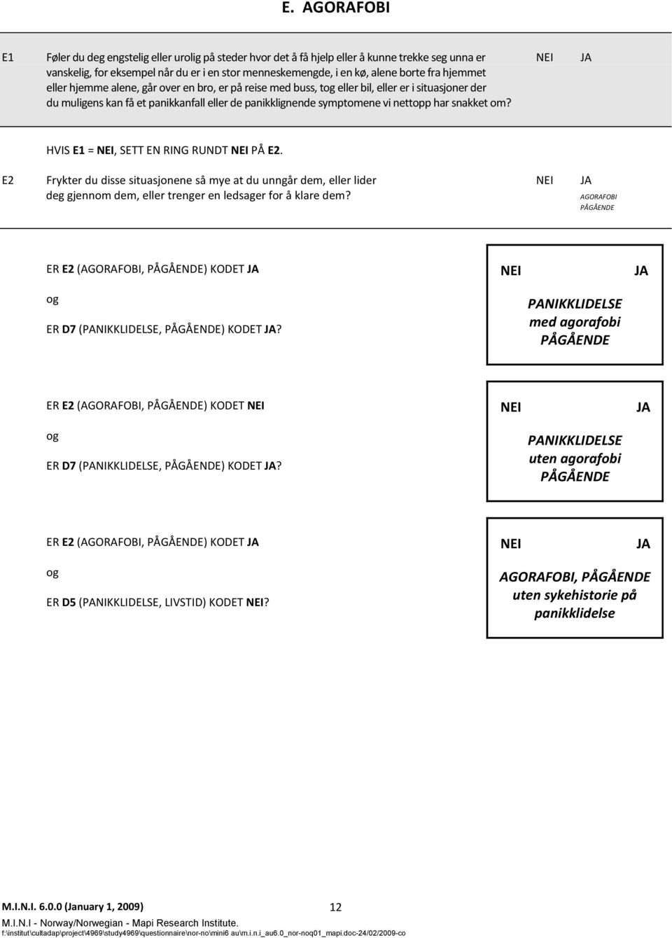 snakket om? HVIS E1 =, SETT EN RING RUNDT PÅ E2. E2 Frykter du disse situasjonene så mye at du unngår dem, eller lider deg gjennom dem, eller trenger en ledsager for å klare dem?