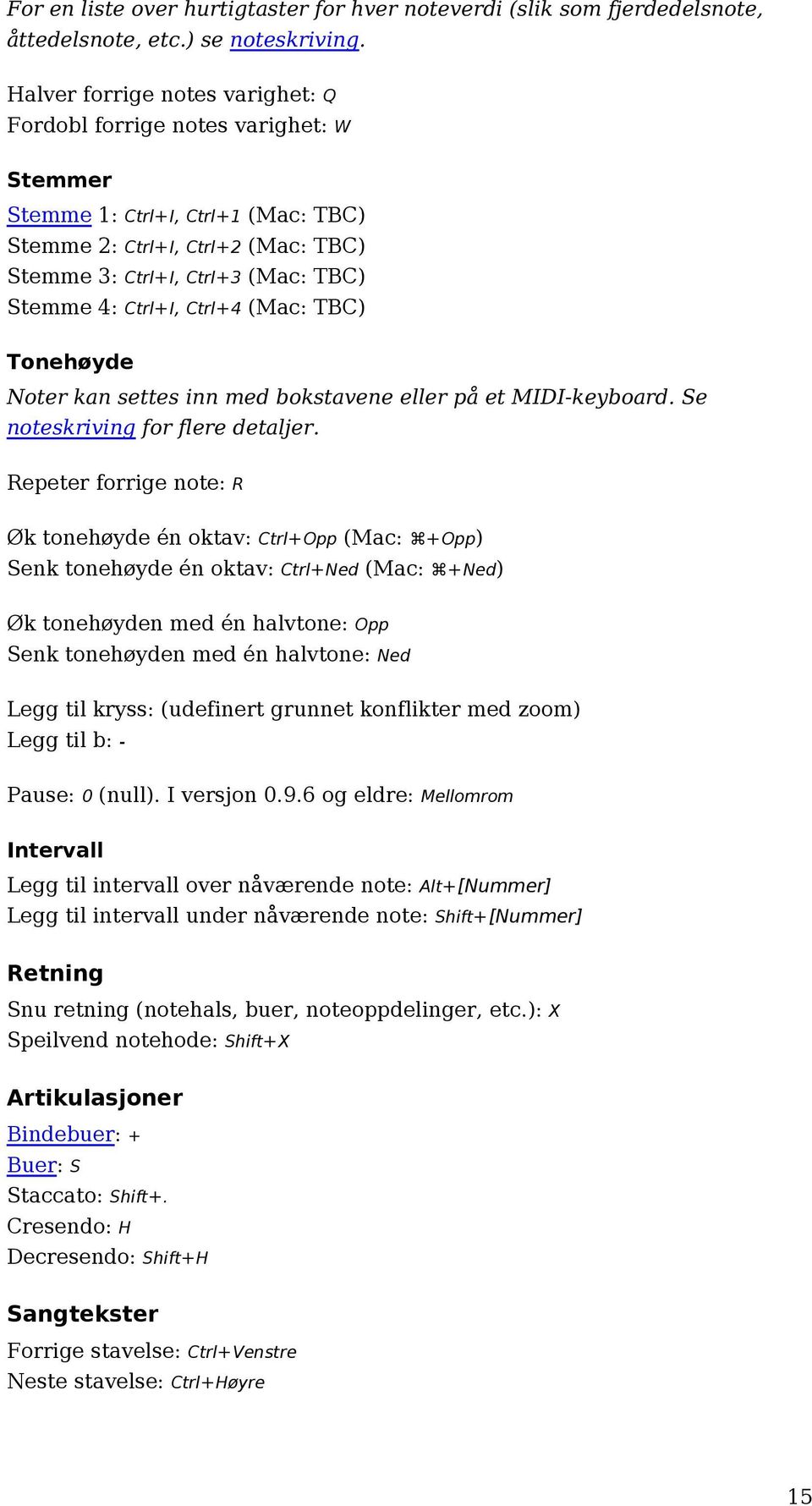 Ctrl+I, Ctrl+4 (Mac: TBC) Tonehøyde Noter kan settes inn med bokstavene eller på et MIDI-keyboard. Se noteskriving for flere detaljer.