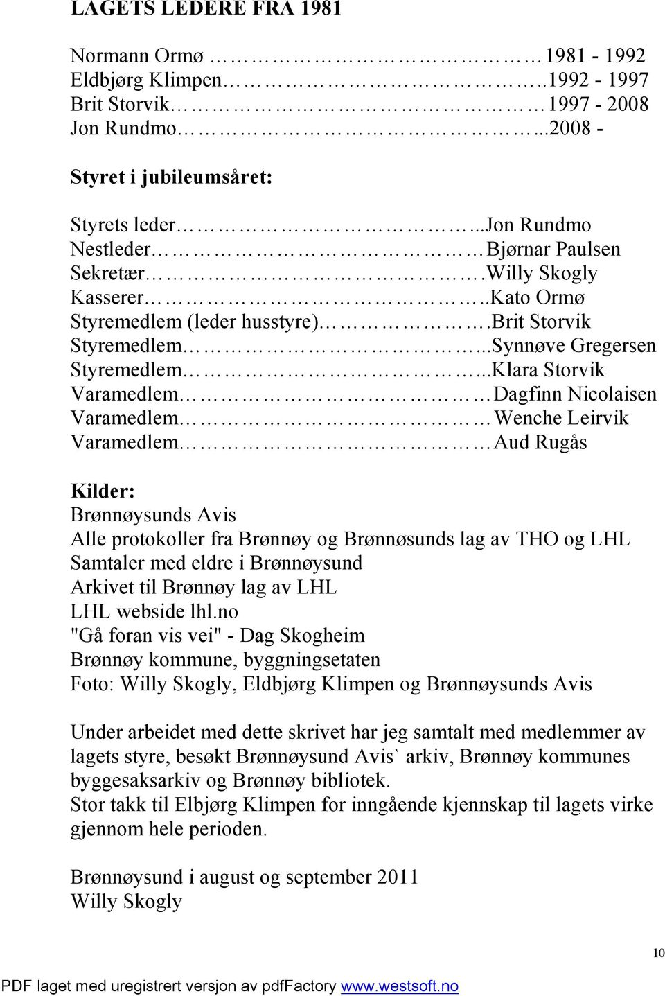 ..Klara Storvik Varamedlem Dagfinn Nicolaisen Varamedlem Wenche Leirvik Varamedlem Aud Rugås Kilder: Brønnøysunds Avis Alle protokoller fra Brønnøy og Brønnøsunds lag av THO og LHL Samtaler med eldre