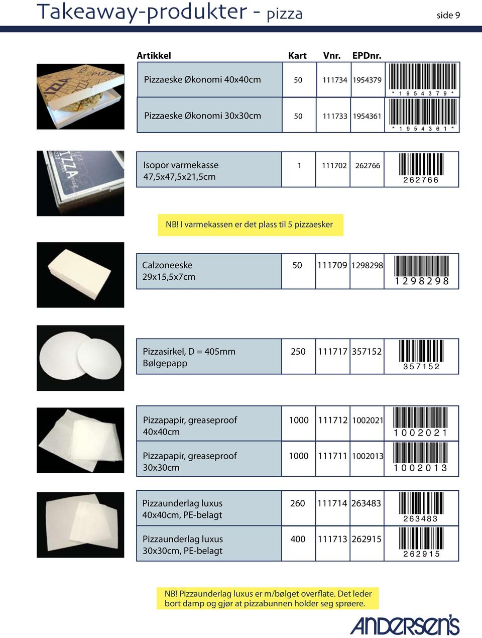 I varmekassen er det plass til 5 pizzaesker Calzoneeske 50 111709 1298298 29x15,5x7cm 1298298 Pizzasirkel, D = 405mm 250 111717 357152 Bølgepapp 357152 Pizzapapir, greaseproof 1000