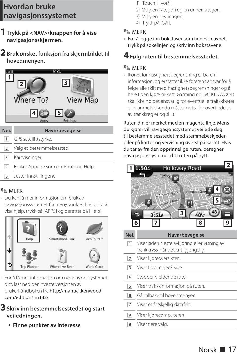 For å vise hjelp, trykk på [APPS] og deretter på [Help]. For å få mer informasjon om navigasjonssystemet ditt, last ned den nyeste versjonen av brukerhåndboken fra http://manual.kenwood.