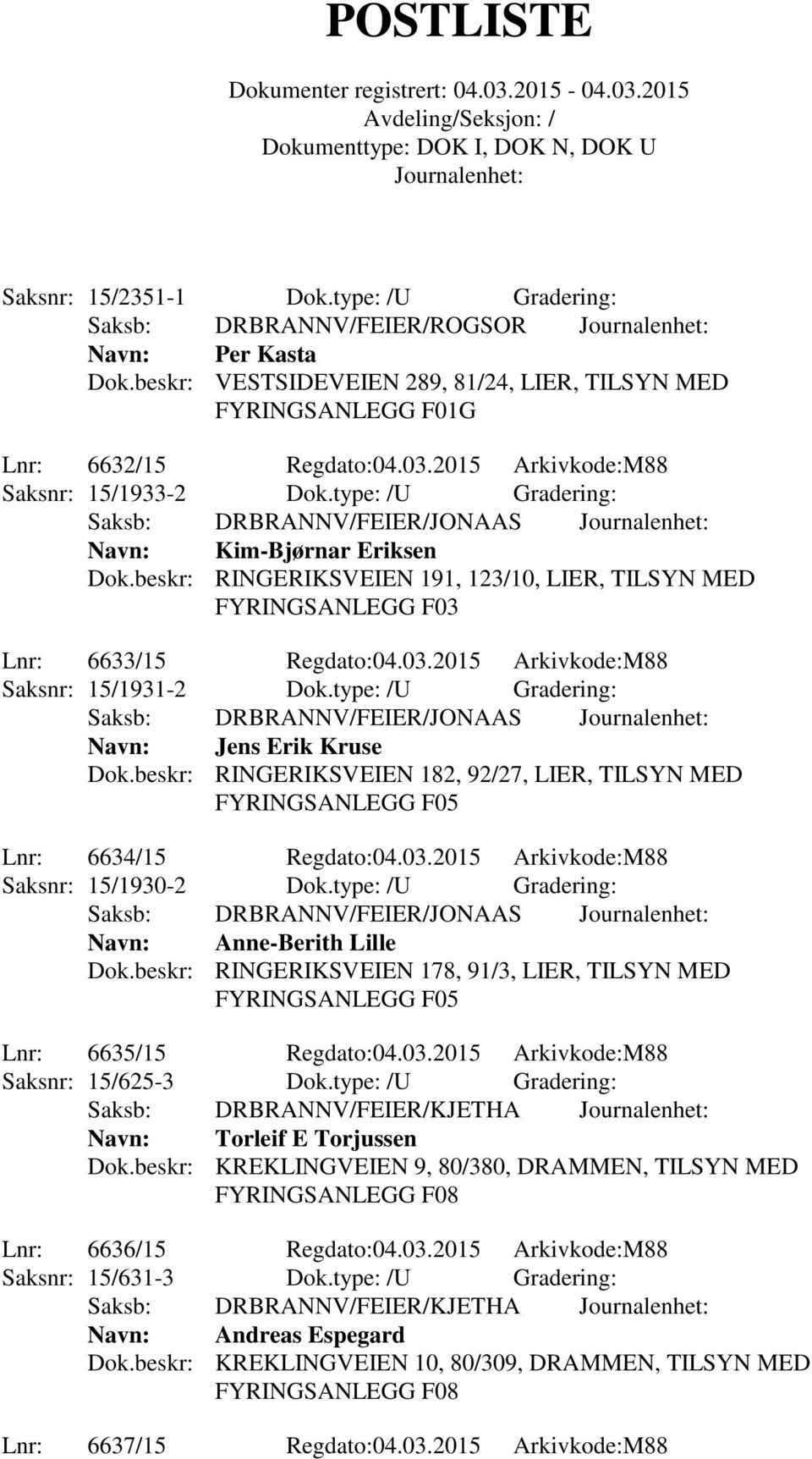 type: /U Gradering: Saksb: DRBRANNV/FEIER/JONAAS Navn: Jens Erik Kruse Dok.beskr: RINGERIKSVEIEN 182, 92/27, LIER, TILSYN MED Lnr: 6634/15 Regdato:04.03.2015 Arkivkode:M88 Saksnr: 15/1930-2 Dok.