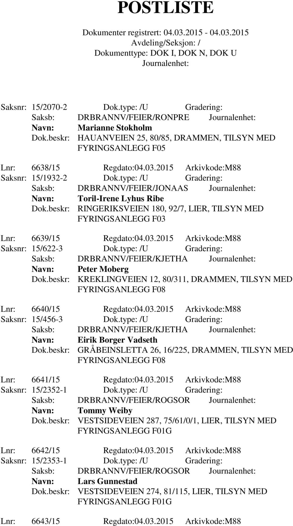 beskr: RINGERIKSVEIEN 180, 92/7, LIER, TILSYN MED FYRINGSANLEGG F03 Lnr: 6639/15 Regdato:04.03.2015 Arkivkode:M88 Saksnr: 15/622-3 Dok.