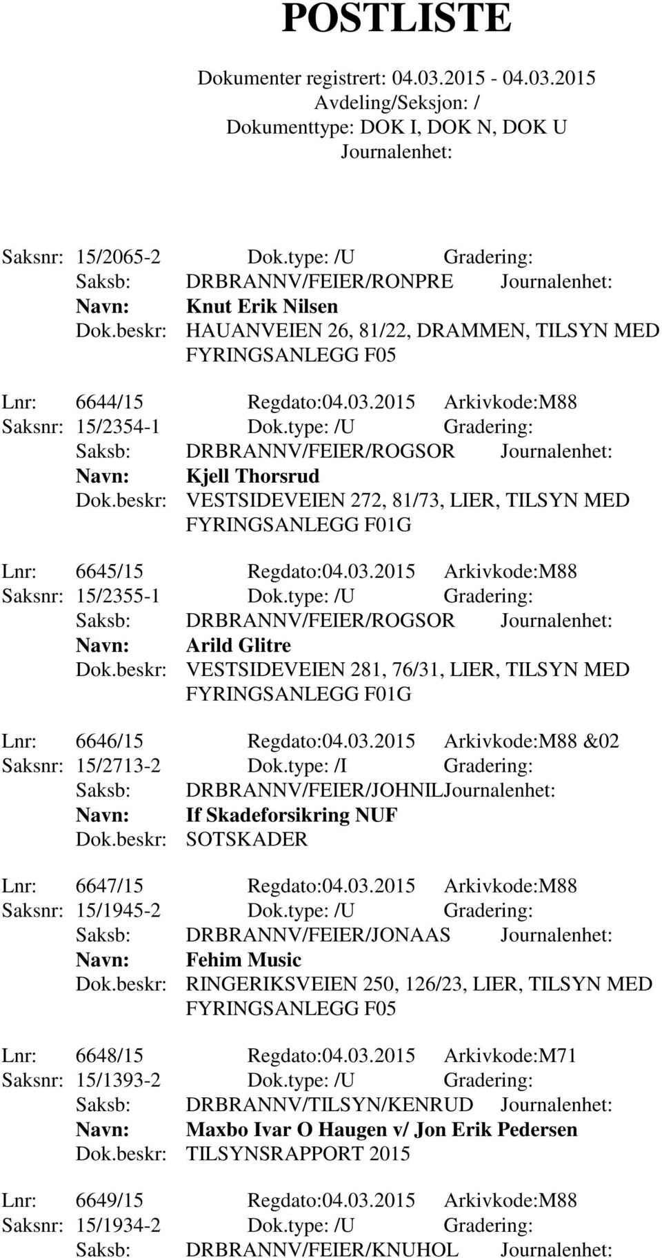 2015 Arkivkode:M88 Saksnr: 15/2355-1 Dok.type: /U Gradering: Navn: Arild Glitre Dok.beskr: VESTSIDEVEIEN 281, 76/31, LIER, TILSYN MED FYRINGSANLEGG Lnr: 6646/15 Regdato:04.03.