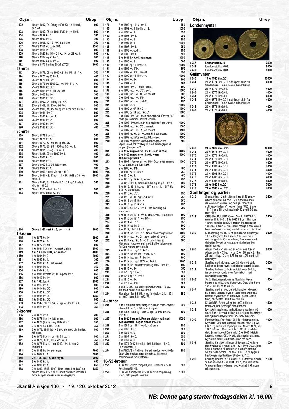 0, ex OM. 1 I 185 2 kr 1898 i kv. 1. I 108 10 øre 1911 kv. 0/01. I 186 2 kr 1898 kv. god 1. I 109 10 øre 1920 kv. 1/1+, 21 kv. 1+, og 22 kv. 0. I 187 2 kr 1 i kv. 1. I 110 10 øre 1924 og 26 kv. 0. I 188 2 kr 1 kv.