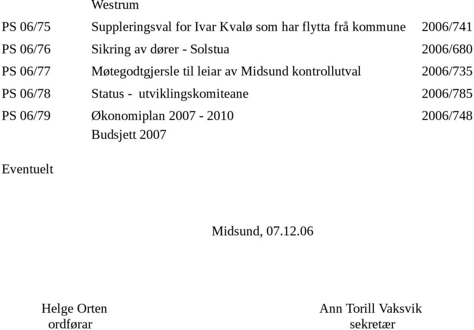 kontrollutval 2006/735 PS 06/78 Status - utviklingskomiteane 2006/785 PS 06/79 Økonomiplan