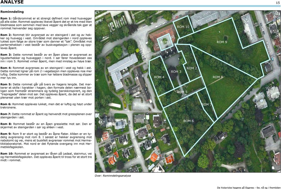 Rom 2: Rommet blir avgrenset av en steingard i øst og av hekker og husvegg i vest. Området mot steingarden i nord oppleves lukket som følge av store trær som danner et tak.