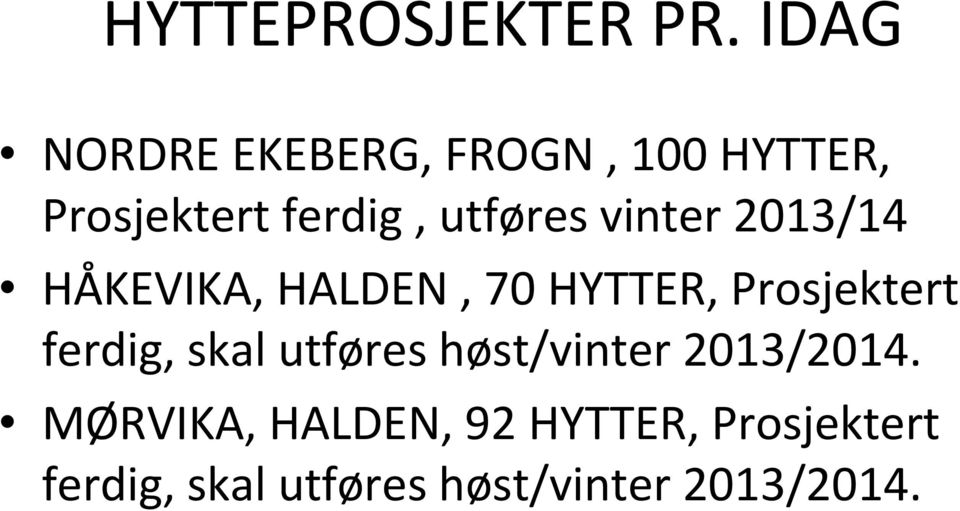 vinter 2013/14 HÅKEVIKA, HALDEN, 70 HYTTER, Prosjektert ferdig,