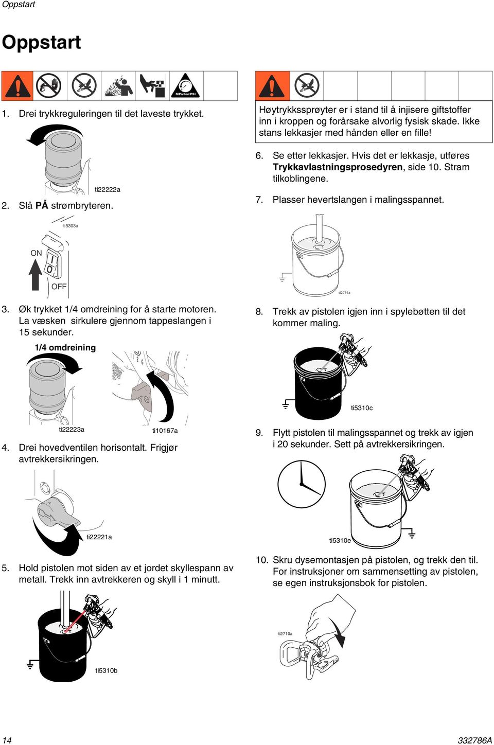 Hvis det er lekkasje, utføres Trykkavlastningsprosedyren, side 10. Stram tilkoblingene. 7. Plasser hevertslangen i malingsspannet. ti5303a ON OFF 3. Øk trykket 1/4 omdreining for å starte motoren.