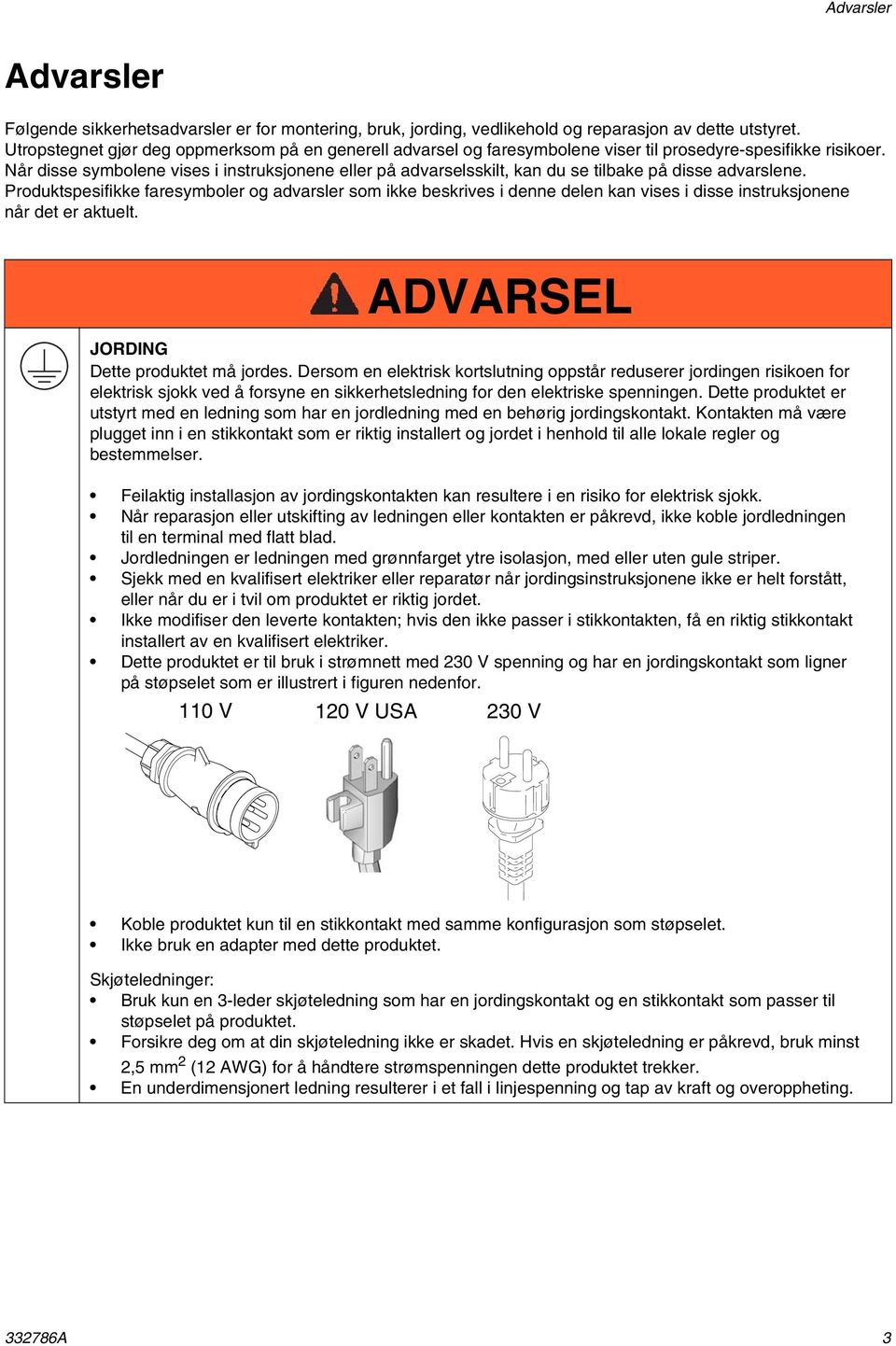 Når disse symbolene vises i instruksjonene eller på advarselsskilt, kan du se tilbake på disse advarslene.