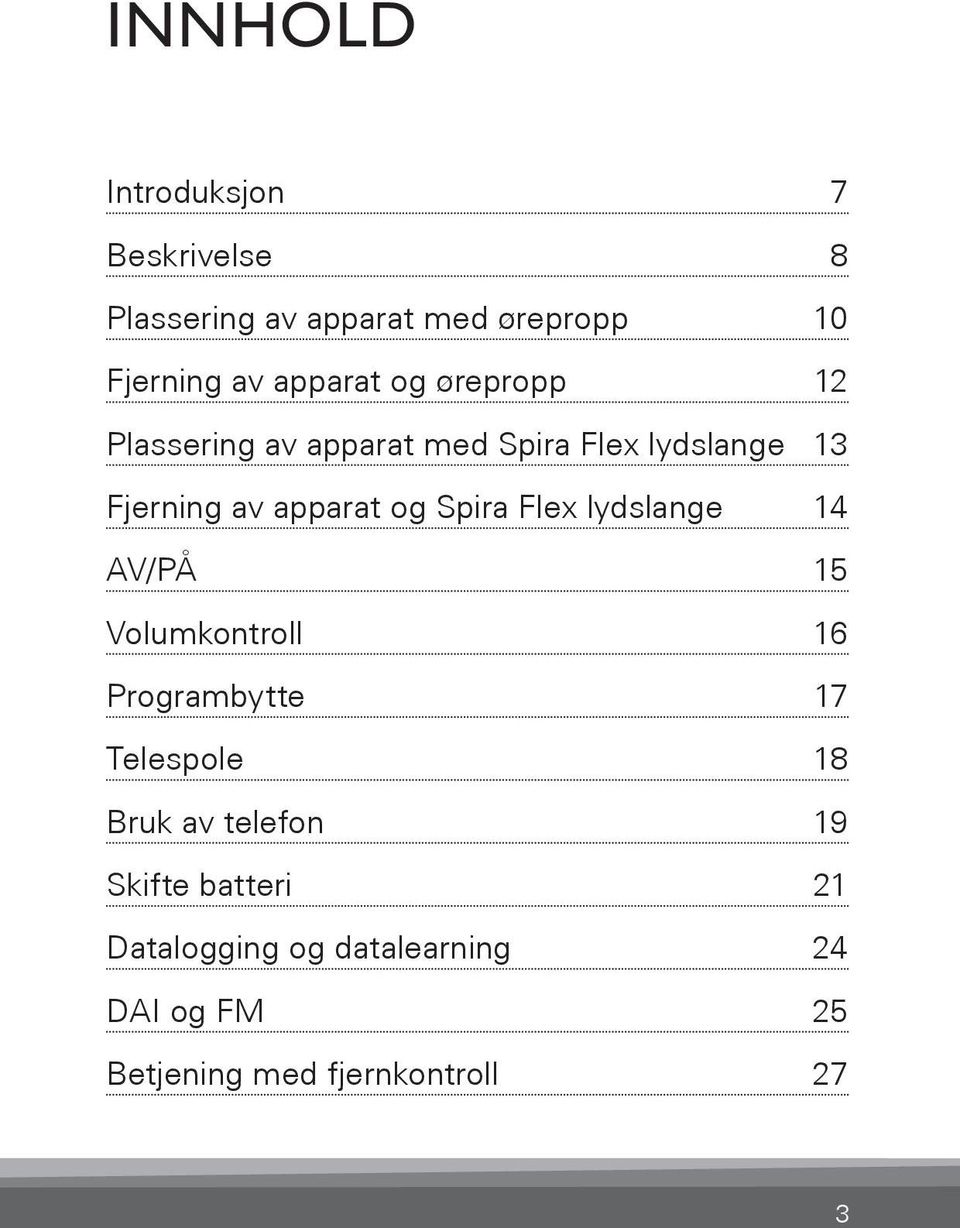 og Spira Flex lydslange 14 AV/PÅ 15 Volumkontroll 16 Programbytte 17 Telespole 18 Bruk av