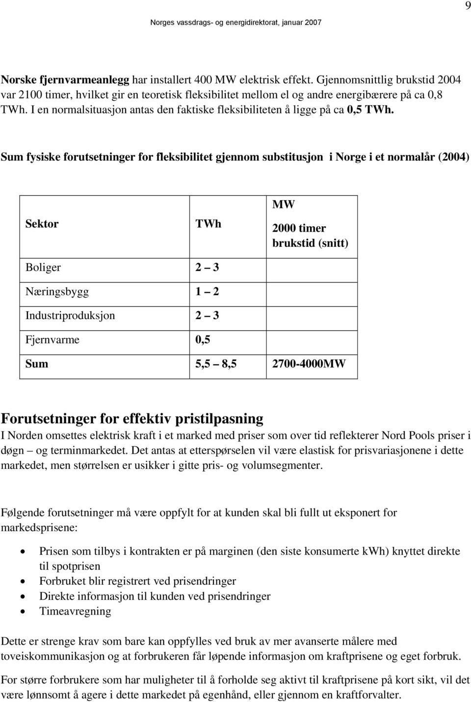 Sum fysiske forutsetninger for fleksibilitet gjennom substitusjon i Norge i et normalår (2004) Sektor TWh MW 2000 timer brukstid (snitt) Boliger 2 3 Næringsbygg 1 2 Industriproduksjon 2 3 Fjernvarme