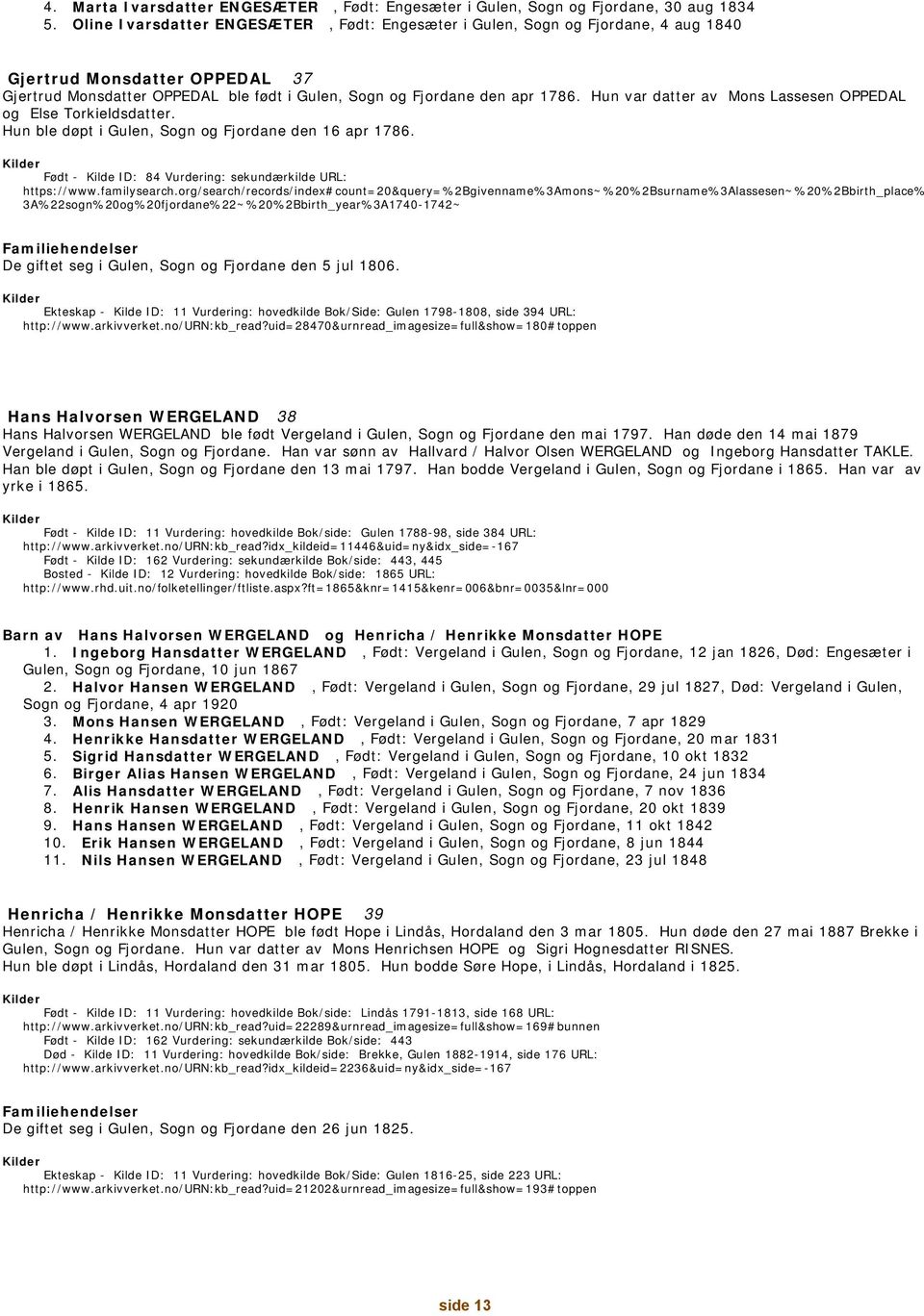 Hun var datter av Mons Lassesen OPPEDAL og Else Torkieldsdatter. Hun ble døpt i Gulen, Sogn og Fjordane den 16 apr 1786. Født - Kilde ID: 84 Vurdering: sekundærkilde URL: https://www.familysearch.