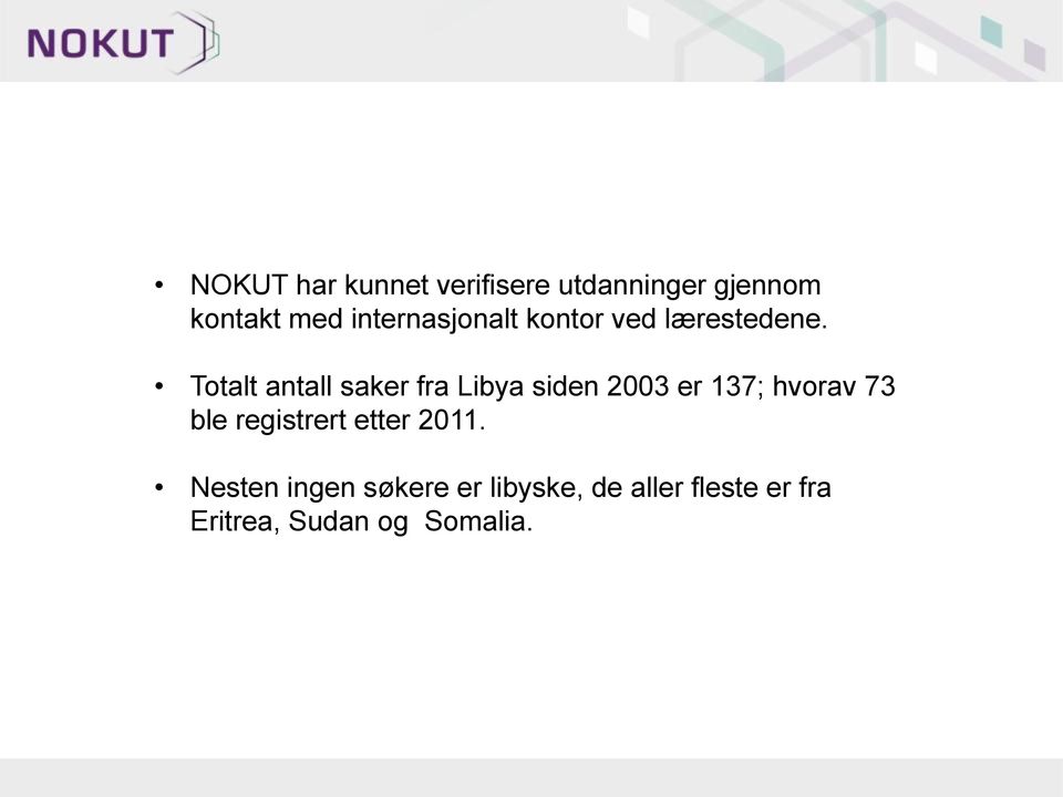 Totalt antall saker fra Libya siden 2003 er 137; hvorav 73 ble