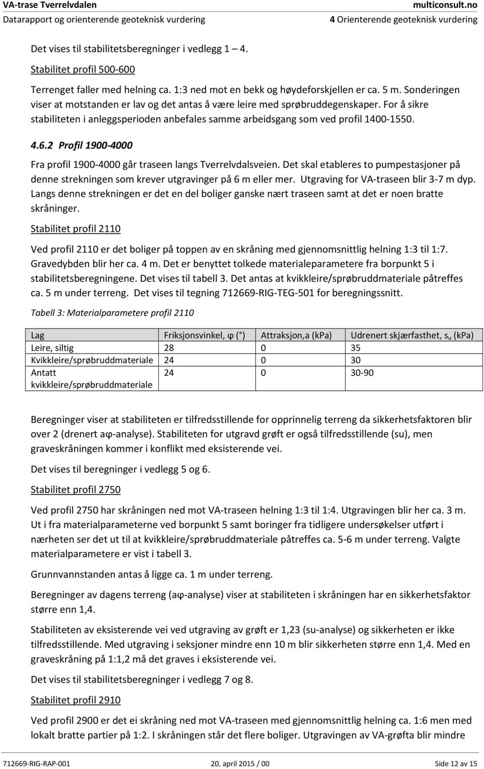 For å sikre stabiliteten i anleggsperioden anbefales samme arbeidsgang som ved profil 14-155. 4.6.2 Profil 19-4 Fra profil 19-4 går traseen langs Tverrelvdalsveien.