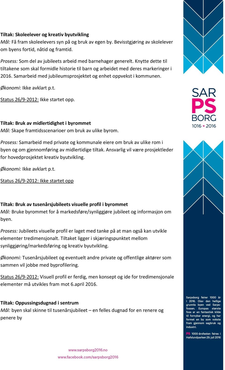 Samarbeid med jubileumsprosjektet og enhet oppvekst i kommunen. Økonomi: Ikke avklart p.t. Status 26/9-2012: Ikke startet opp.