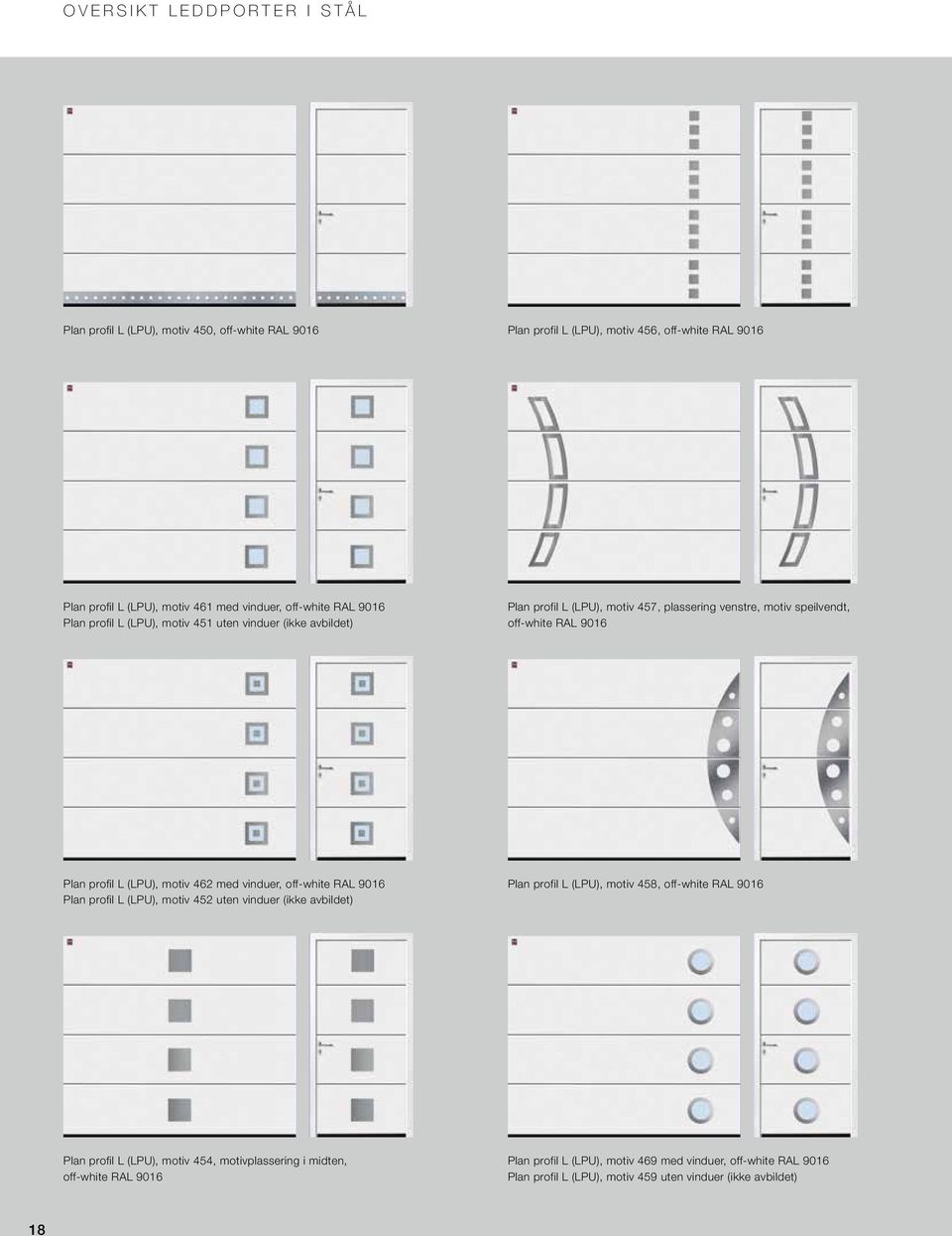 L (LPU), motiv 462 med vinduer, off-white RAL 9016 Plan profil L (LPU), motiv 452 uten vinduer (ikke avbildet) Plan profil L (LPU), motiv 458, off-white RAL 9016 Plan profil L
