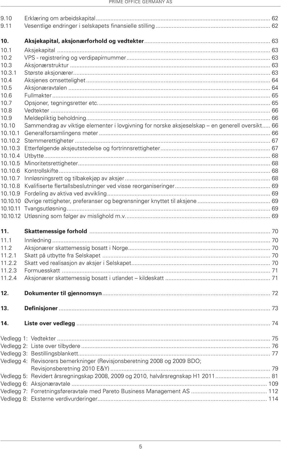 .. 65 10.7 Opsjoner, tegningsretter etc... 65 10.8 Vedtekter... 66 10.9 Meldepliktig beholdning... 66 10.10 Sammendrag av viktige elementer i lovgivning for norske aksjeselskap en generell oversikt.