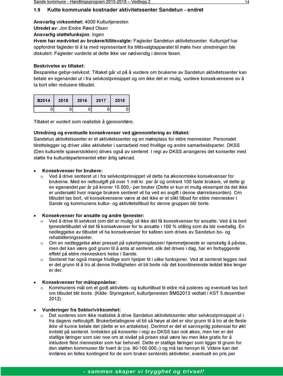 brukere/tillitsvalgte: Fagleder Sandetun aktivitetssenter. Kultursjef har oppfordret fagleder til å ta med representant fra tillitsvalgtapparatet til møte hvor utredningen ble diskutert.