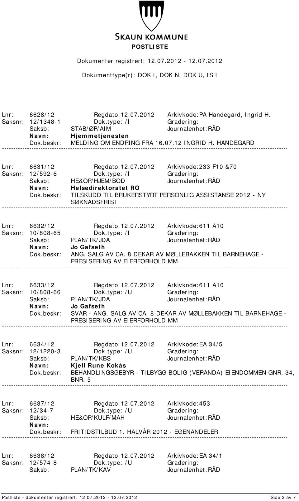 type: /I Gradering: Saksb: HE&OP/HJEM/BOD Journalenhet:RÅD Helsedirektoratet RO TILSKUDD TIL BRUKERSTYRT PERSONLIG ASSISTANSE 2012 - NY SØKNADSFRIST Lnr: 6632/12 Regdato:12.07.