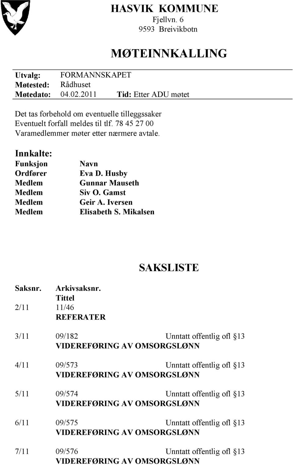 Innkalte: Funksjon Ordfører Medlem Medlem Medlem Medlem Navn Eva D. Husby Gunnar Mauseth Siv O. Gamst Geir A. Iversen Elisabeth S. Mikalsen SAKSLISTE Saksnr. Arkivsaksnr.