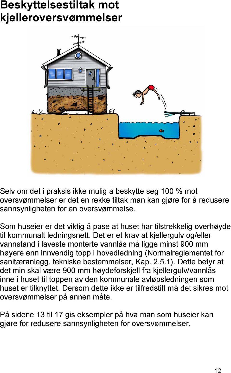Det er et krav at kjellergulv og/eller vannstand i laveste monterte vannlås må ligge minst 900 mm høyere enn innvendig topp i hovedledning (Normalreglementet for sanitæranlegg, tekniske bestemmelser,