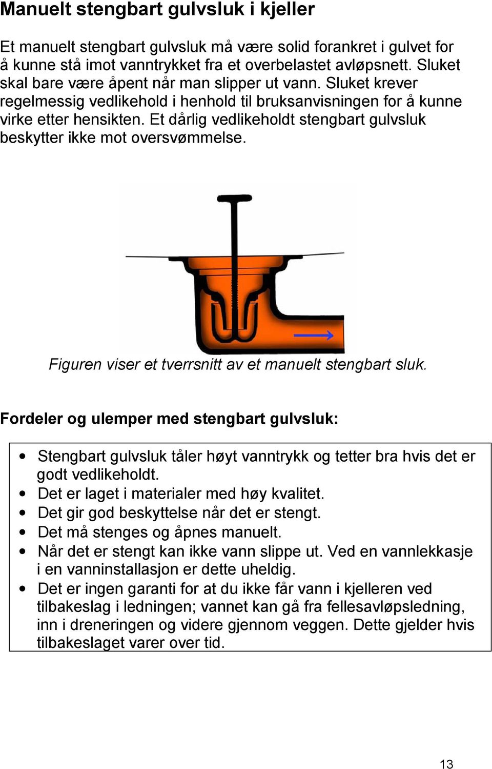 Et dårlig vedlikeholdt stengbart gulvsluk beskytter ikke mot oversvømmelse. Figuren viser et tverrsnitt av et manuelt stengbart sluk.