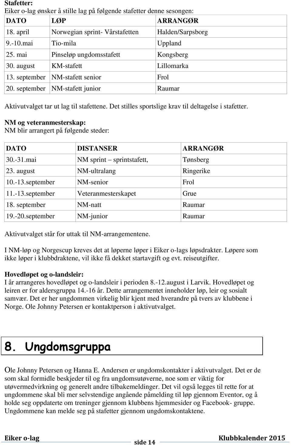 Det stilles sportslige krav til deltagelse i stafetter. NM og veteranmesterskap: NM blir arrangert på følgende steder: DATO DISTANSER ARRANGØR 30.-31.mai NM sprint sprintstafett, Tønsberg 23.