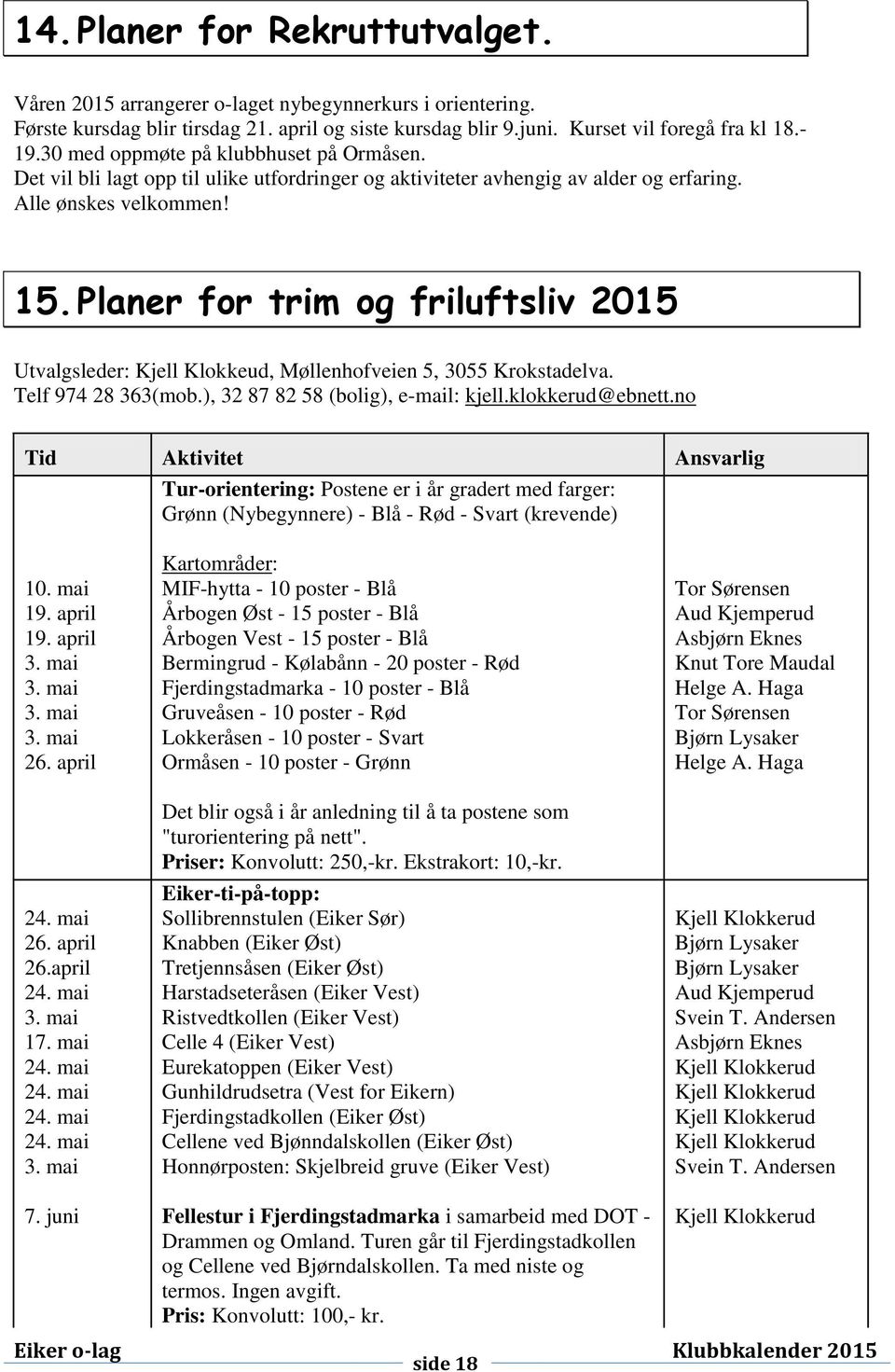 Planer for trim og friluftsliv 2015 Utvalgsleder: Kjell Klokkeud, Møllenhofveien 5, 3055 Krokstadelva. Telf 974 28 363(mob.), 32 87 82 58 (bolig), e-mail: kjell.klokkerud@ebnett.