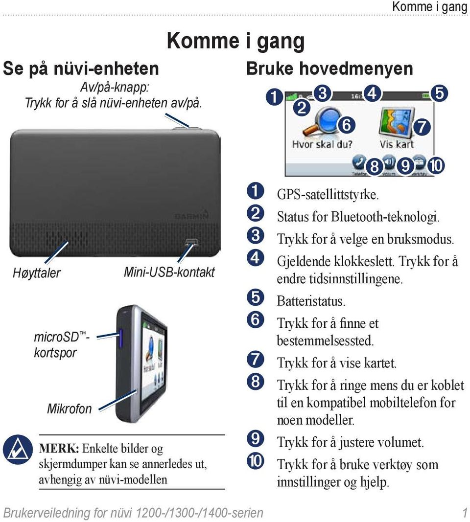 ➍ Gjeldende klokkeslett. Trykk for å endre tidsinnstillingene. ➎ Batteristatus. ➏ Trykk for å finne et bestemmelsessted. ➐ Trykk for å vise kartet.