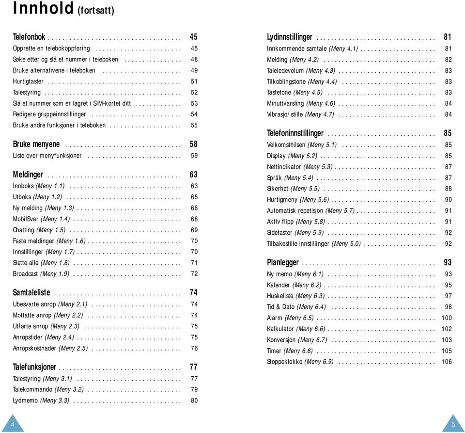 ............ 53 Redigere gruppeinnstillinger......................... 54 Bruke andre funksjoner i teleboken.................... 55 Bruke menyene................................ 58 Liste over menyfunksjoner.