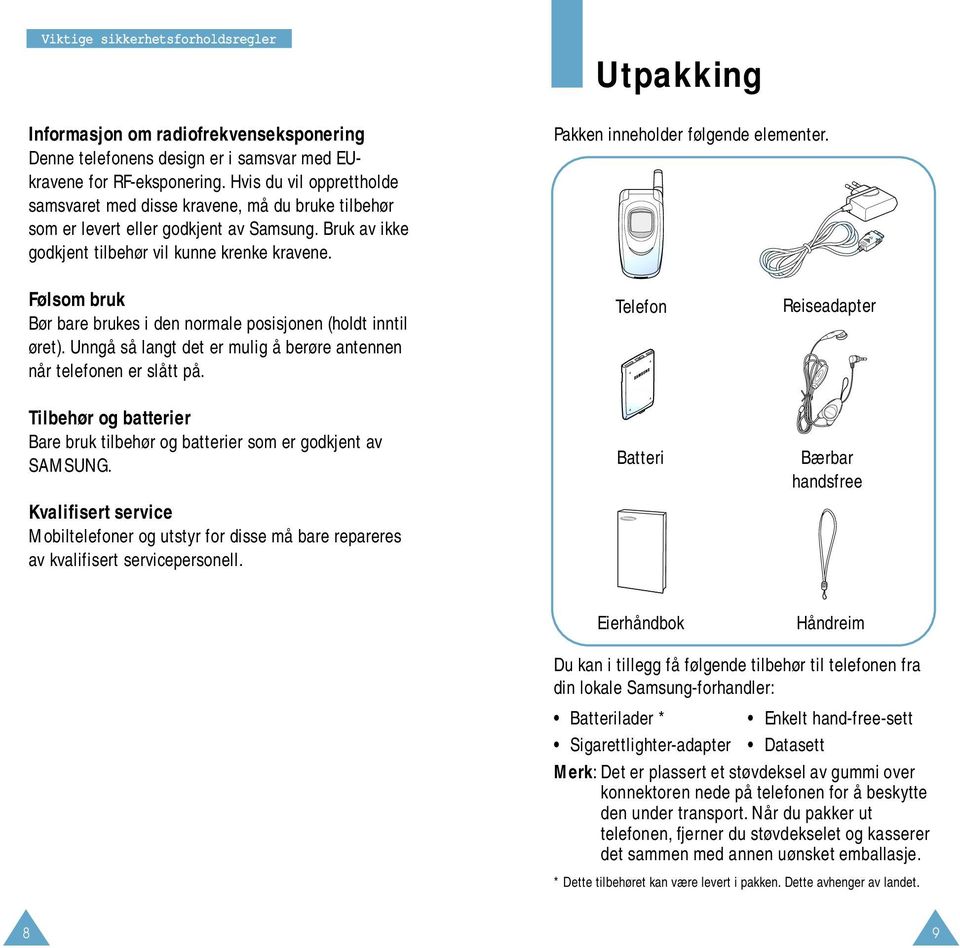 Utpakking Pakken inneholder følgende elementer. Følsom bruk Bør bare brukes i den normale posisjonen (holdt inntil øret). Unngå så langt det er mulig å berøre antennen når telefonen er slått på.