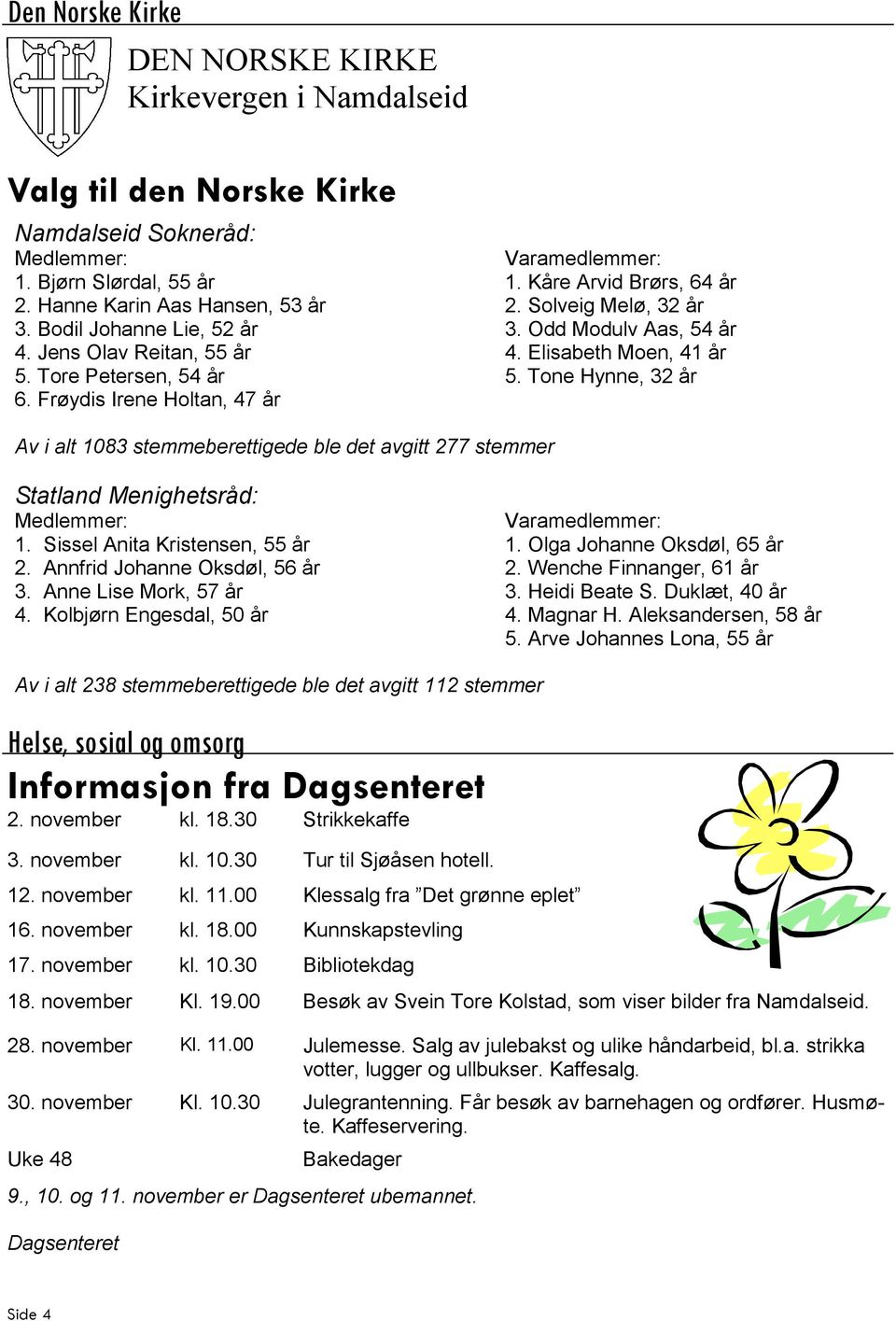 Frøydis Irene Holtan, 47 år Av i alt 1083 stemmeberettigede ble det avgitt 277 stemmer Statland Menighetsråd: Medlemmer: Varamedlemmer: 1. Sissel Anita Kristensen, 55 år 1.